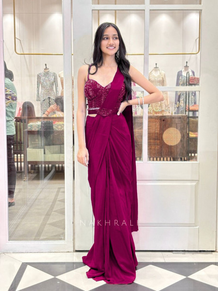 Midnight Glitz Wine Drape Saree with Embellished Blouse