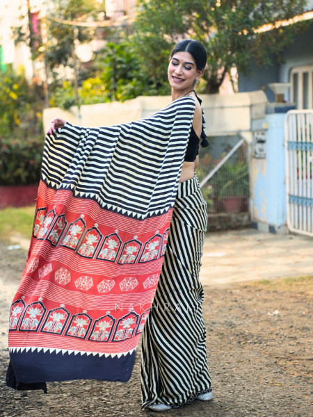 Nivara Black Modal Saree with Stripe and Printed Border