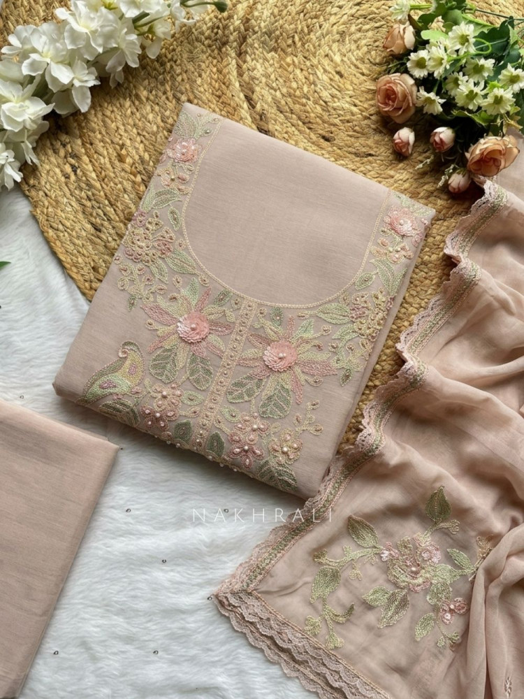Image of Lunora Pink  Floral Embroidered Dress Material with Pearl Detail