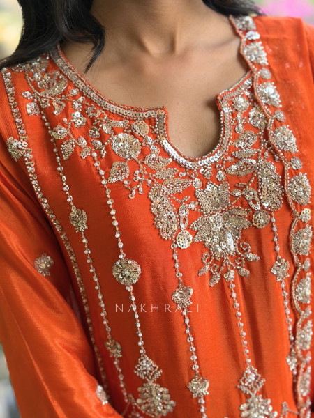 Brivya Orange Georgette Sharara Suit Set with Sequin Zari Work