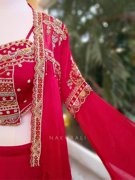 Ruhani Red Crop Top Skirt Set with Embroidered Shrug