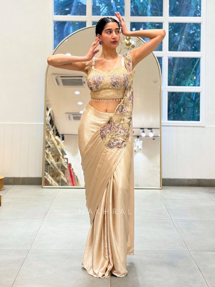 Image of Aero Cream Drape Saree With 3D Cutdana &amp; Sequin Work