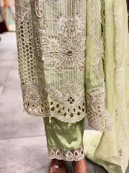 Rivana Green Straight Suit Set with Cutwork and Bead Embroidery