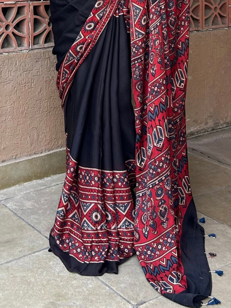 Kritika Red & Black Modal Silk Ajrakh Print Saree