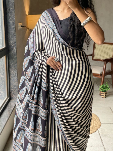 Kashti Black Modal Saree with Ajrak Border