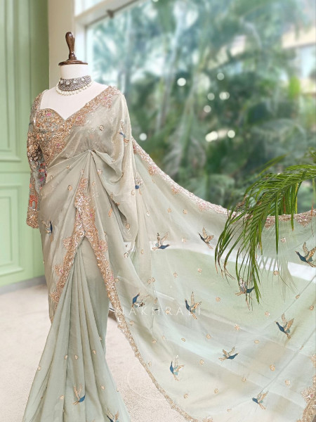 Avian Whimsy Sea Green Pure Organza Saree