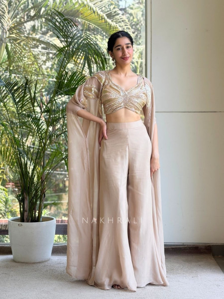 Triven Beige Indo Western Crop Top Palazzo Set