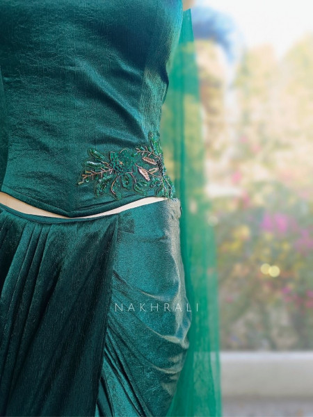 Zarina Green Satin Crop Top Skirt Set with Embroidered Detailing