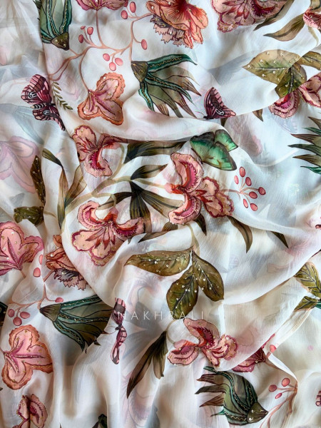 Dahlia Cream Floral Organza Saree with Sequin and Cut Dana Work