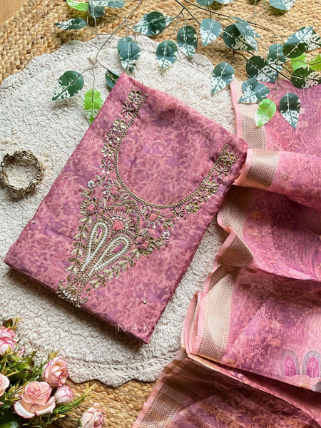 Aarvi Pink Elegant Dress Material with Intricate Neck Embroidery