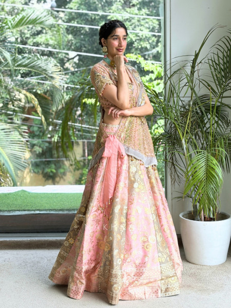 Saras Blush Pink Banarasi Brocade Silk Lehenga Set
