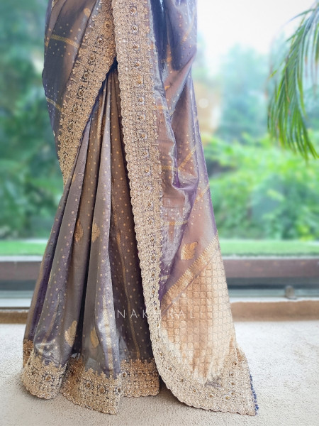 Vyanika Lavender Kota Tissue Silk Saree with Readymade Blouse
