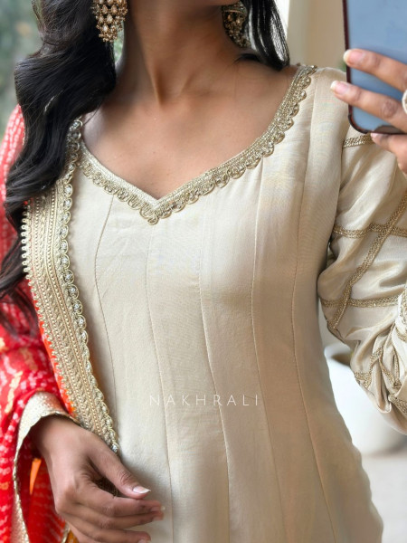 Malhar Oeange Anarkali and Sunrise Bandhani Set