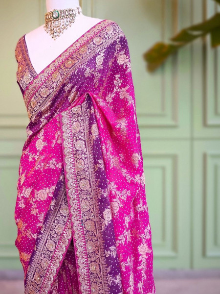 Sutra Purple Bandhani Saree With Running Blouse Piece