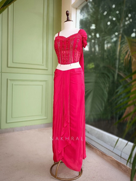 Tavisha Red Sequin & Cut Dana Crop Top Skirt Set