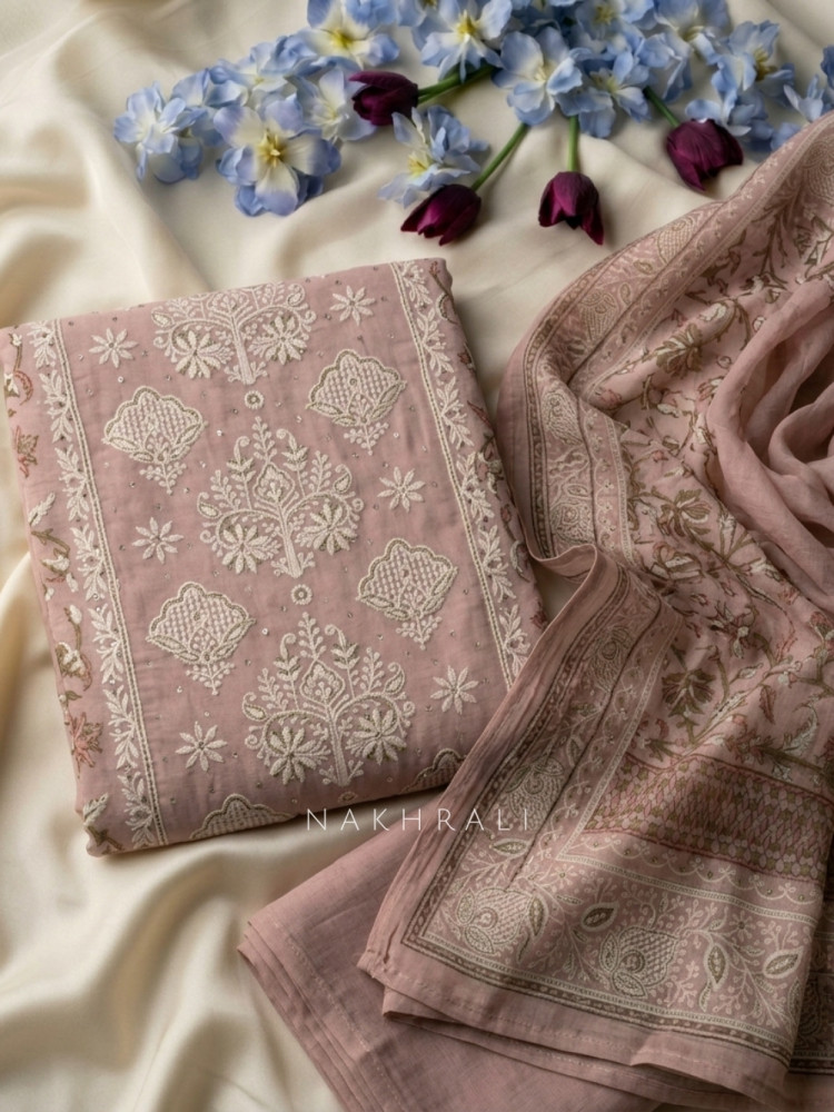 Image of Kusumdhara Light Purple Dress Material With Floral Embroidery and Printed Dupatta