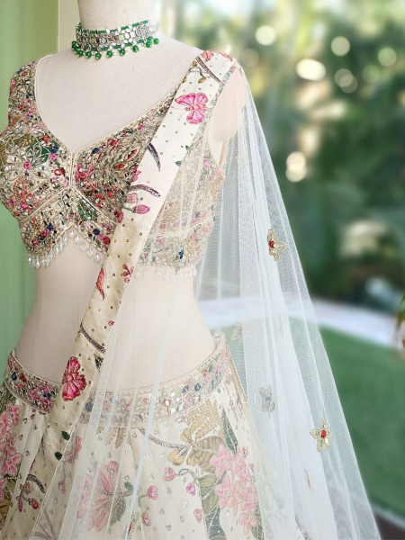 Secret Garden Cream Georgette Silk Floral Lehenga