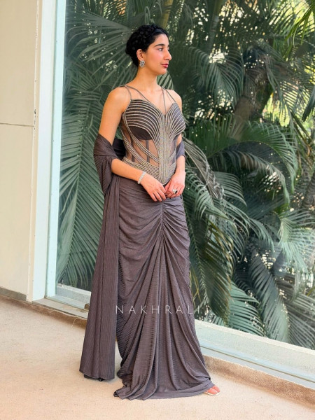 Lyra Grey Indo-Western Corset Drape Skirt Set