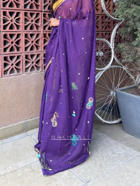 Ocean Muse Purple Mull Cotton Saree with Thread Embroidery