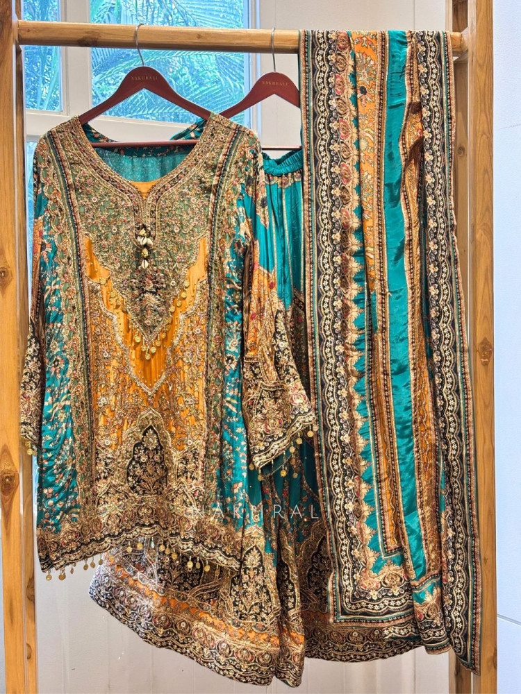 Image of Zardozi Shell Rama Green Silk Satin Blend Sharara Suit Set