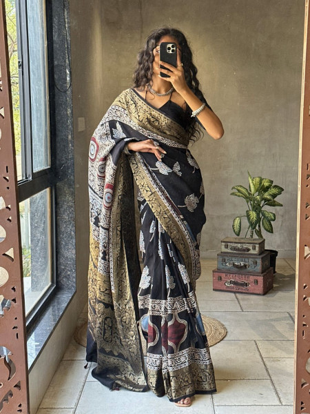 Indra Black Modal Saree with Zari Weave Border