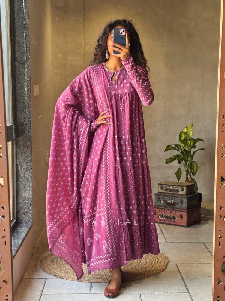 Image of Mireya Wine Cotton Anarkali Suit Set with Printed Design