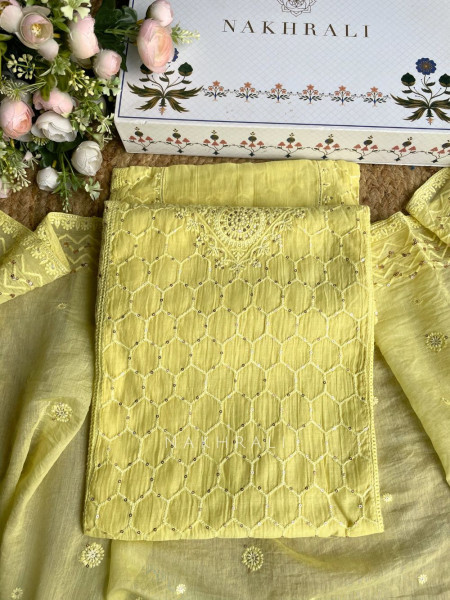 Ishira Yellow Embroidered Cotton Dress Material Set