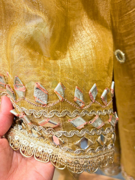 Aisha Mustard Tissue Suit Set with Mirror and Gota Patti Work