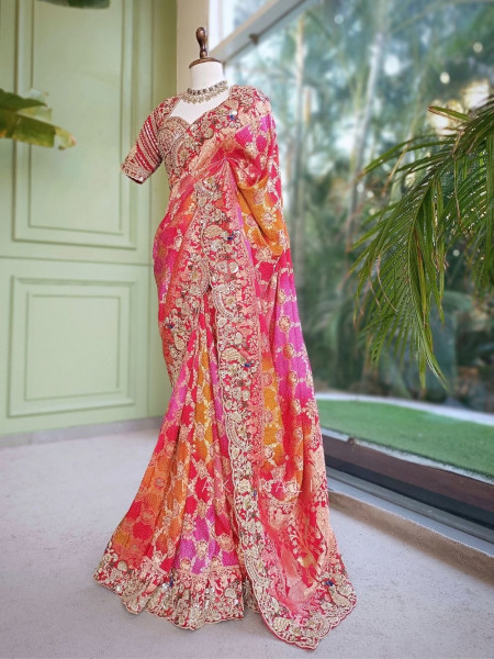 Shahzadi Pearl-Fringed Scarlet Red Saree