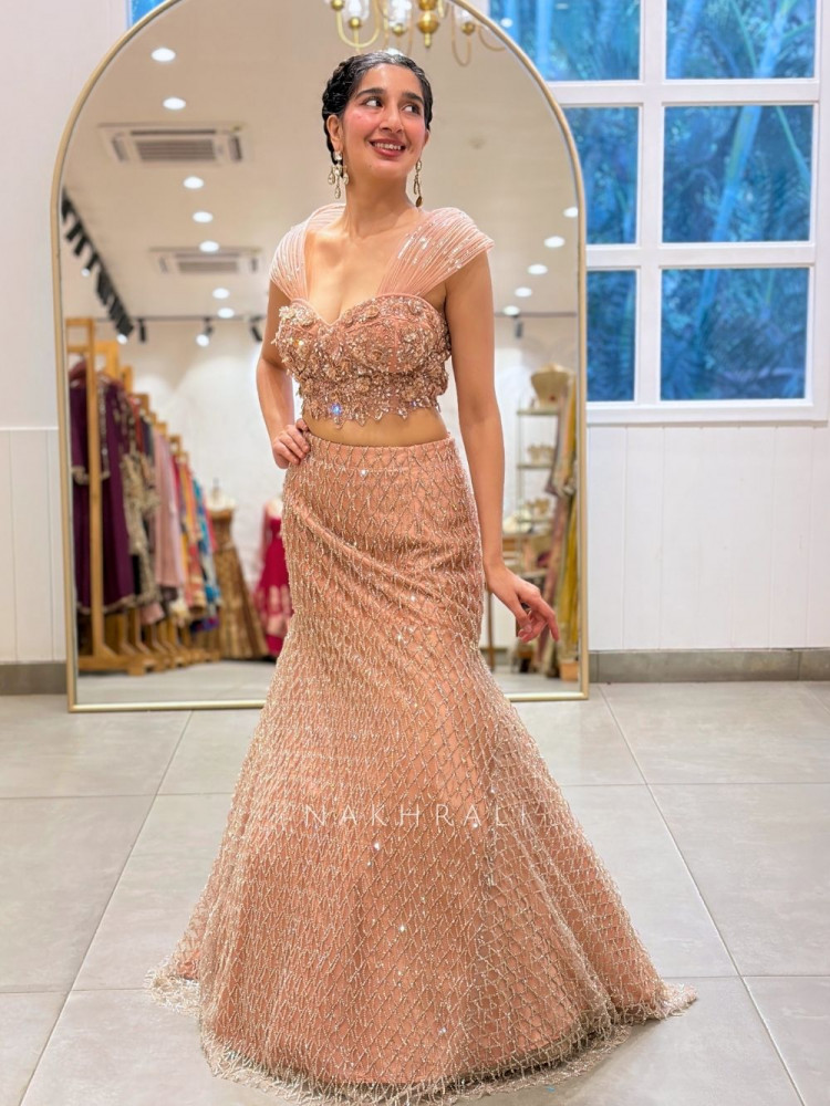 Image of Shimmering Siren Peach Indo Western Mermaid Lehenga