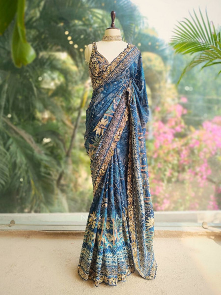Ocean Spell Blue Saree with Heavy Embroidered Readymade Blouse