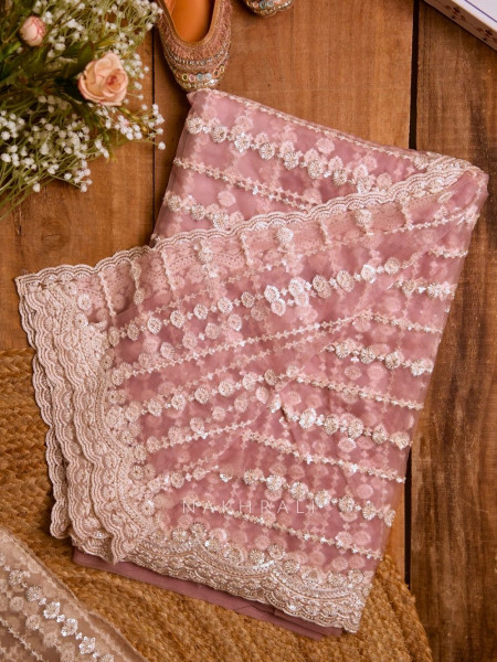 Dandelions Pink Net Saree with Pearl, Sequin & Bead Work