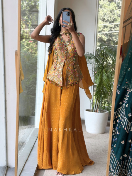 Jashn-e-Malhar Yellow Brocade Silk Indo-Western Palazzo Set
