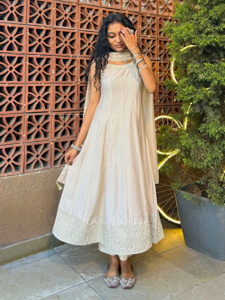 Ivrena Beige Anarkali Suit Set with Minimal Border Work