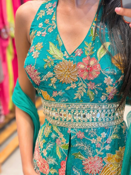 Tirva Green Indo Western Palazzo Set with Floral Print and Mirror Work