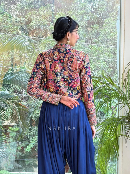 Srinagar Blue  Satin Crepe Indo-Western Jacket Dhoti Set
