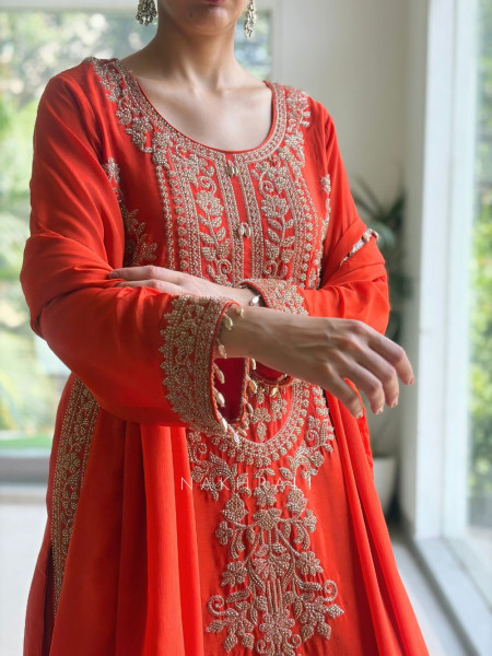 Vermilion  Orange Georgette Crepe-Silk Blend Straight Suit Set