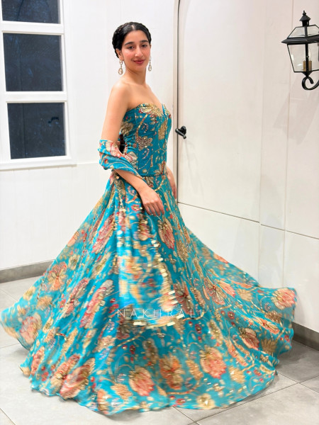 Nakkashi Blue Organza Silk Floral Printed Corset Lehenga Set with Zardozi & Mirror Work