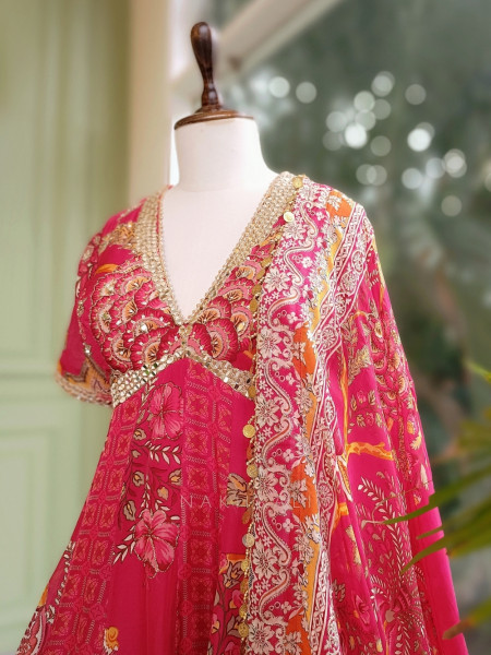 Hoor Red Anarkali Dupatta Set with Mirror & Sequin Work