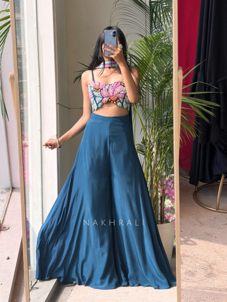 Beaded Bloom Blue Crop Top Palazzo Set with Choker Dupatta