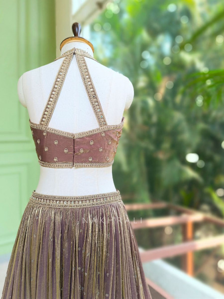 Zarish Brown Indo-Western Halter Lehenga Set with Mirror Work