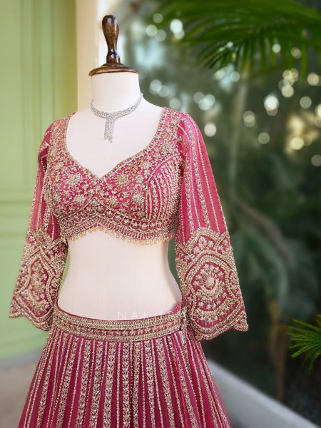 Rishvaya Magenta Stone and Bead Embroidered Bridal Lehenga