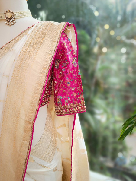 Mrignayani Cream Saree with Embroidered Blouse & Brocade Weave