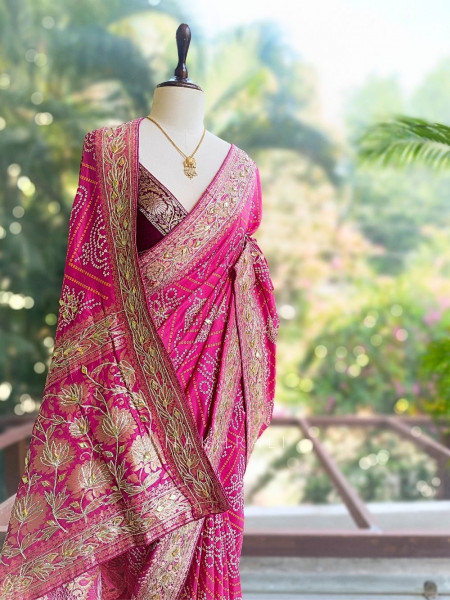 Rivaya Magenta Bandhej Saree With Runing Blouse