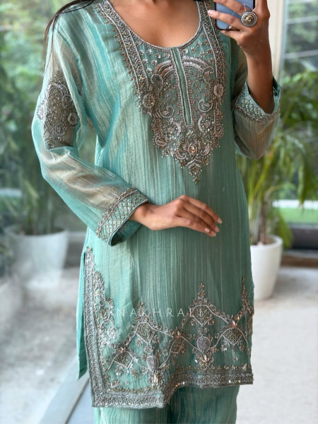 Mrinalini Sea Green Tissue Silk Suit Set