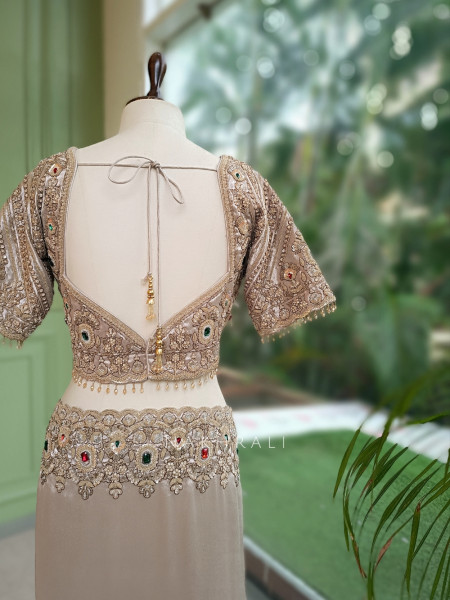 Rajvika Beige Metallic Tissue Silk Saree with Readymade Blouse
