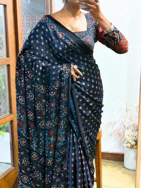 Nargis Blue Modal Silk Saree With Ajrakh Print