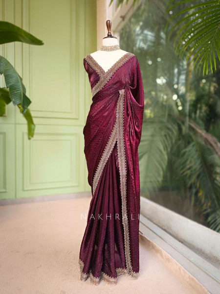 Noira Wine Stone Work Saree with Embellished Border