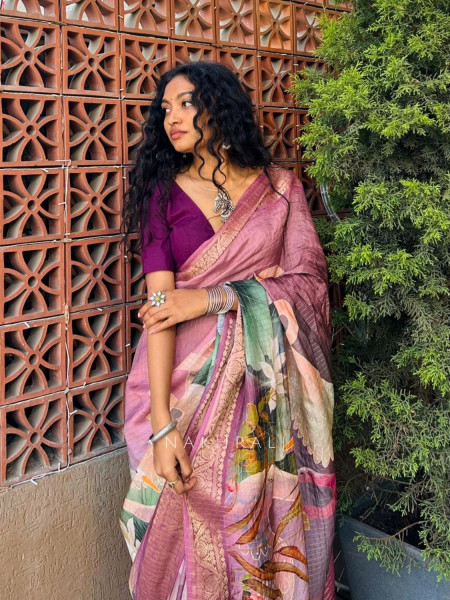 Zerina Wine Multicolor Printed Saree with Woven Border