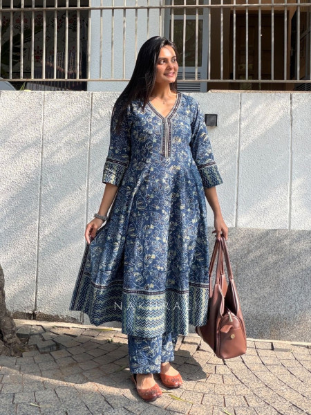 Saavi Blue Cotton Kurta Pant Set